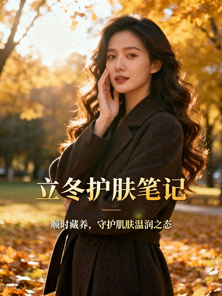 jimeng-2025-11-07-1650-一位美丽的亚洲女性，波浪长发，穿着深色大衣，站在初冬的公园里，正在用手轻抚脸颊，...jpg